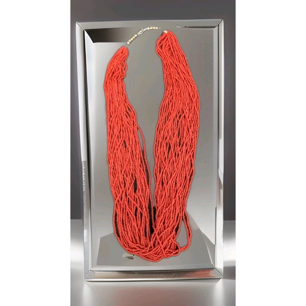 Native American Coral Red Seed Bead 30 Stand Necklace 31" Vintage